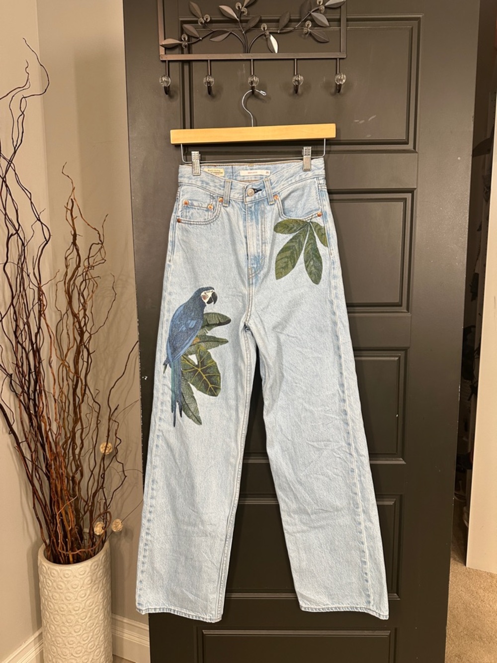 FARM Rio Light Blue High-Rise Jeans with Parrot & Leaf Motif